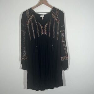 Knox Rose Womens Size Small Black Embroidered Shift Dress Boho Hippie Coachella